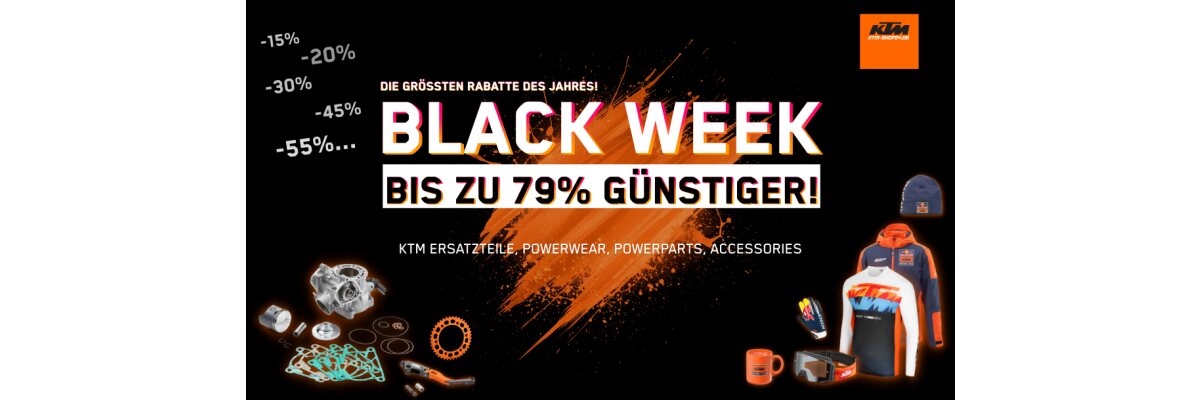 Black Week bei KTM-SHOP24.DE! Die besten Deals des Jahres ! - Black Week bei KTM-SHOP24.DE. Zusätzliche 15% Rabatt – Gesamtrabatte bis zu 79%!